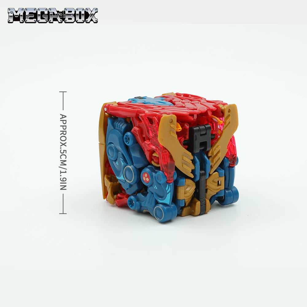Colorful toy cube with mechanical design on a white background, featuring the brand 'MEONBOX'.