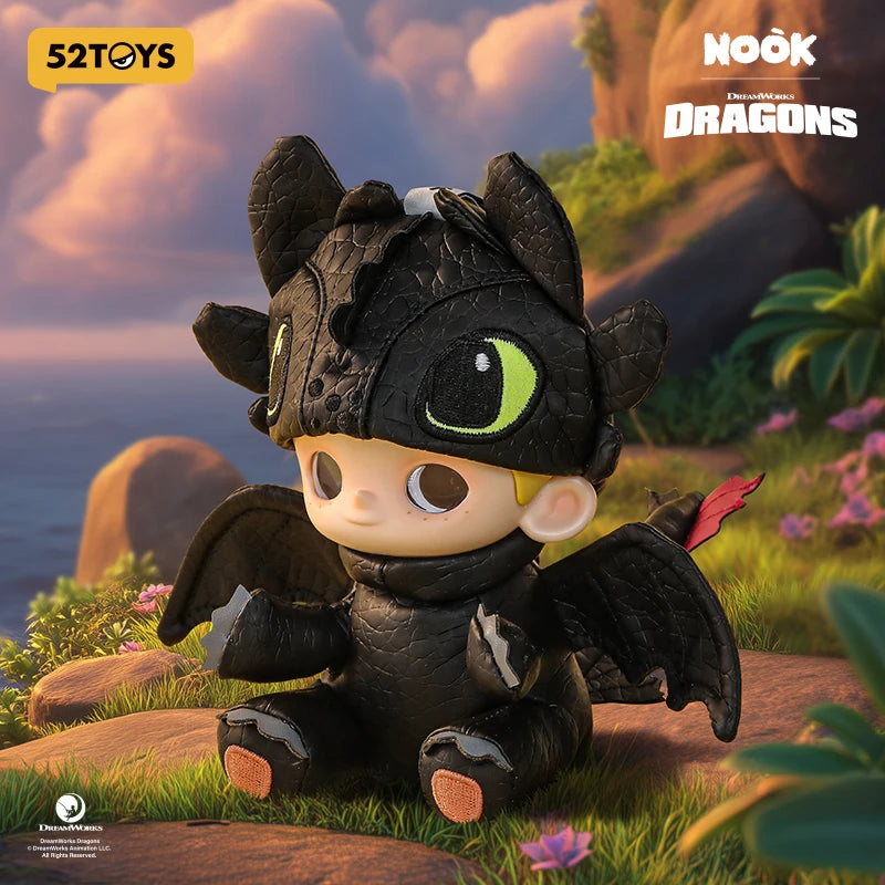 52TOYS NOOK × Toothless Limited Edition collectible sitting in dragon suit with fantasy background