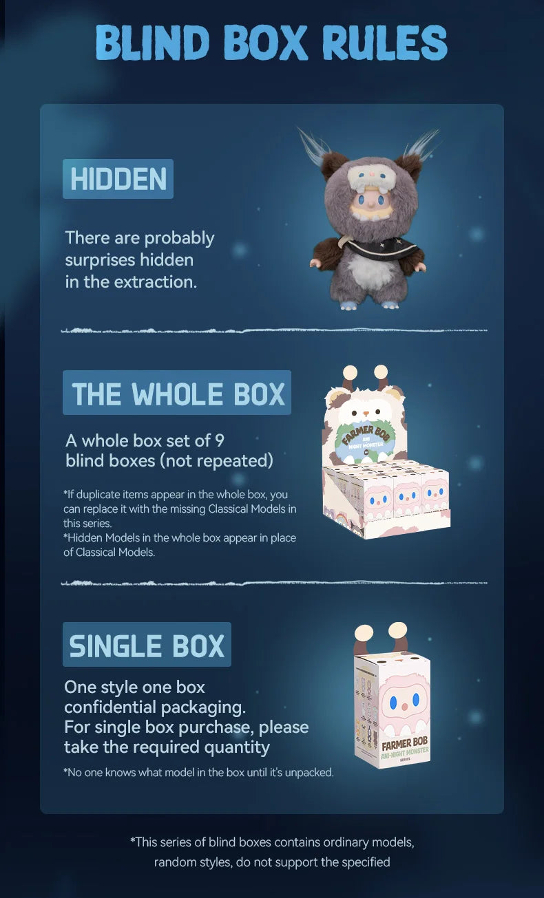 Farmer Bob Ani-Night Monster Blind box rules with illustrations and text on a dark blue background
