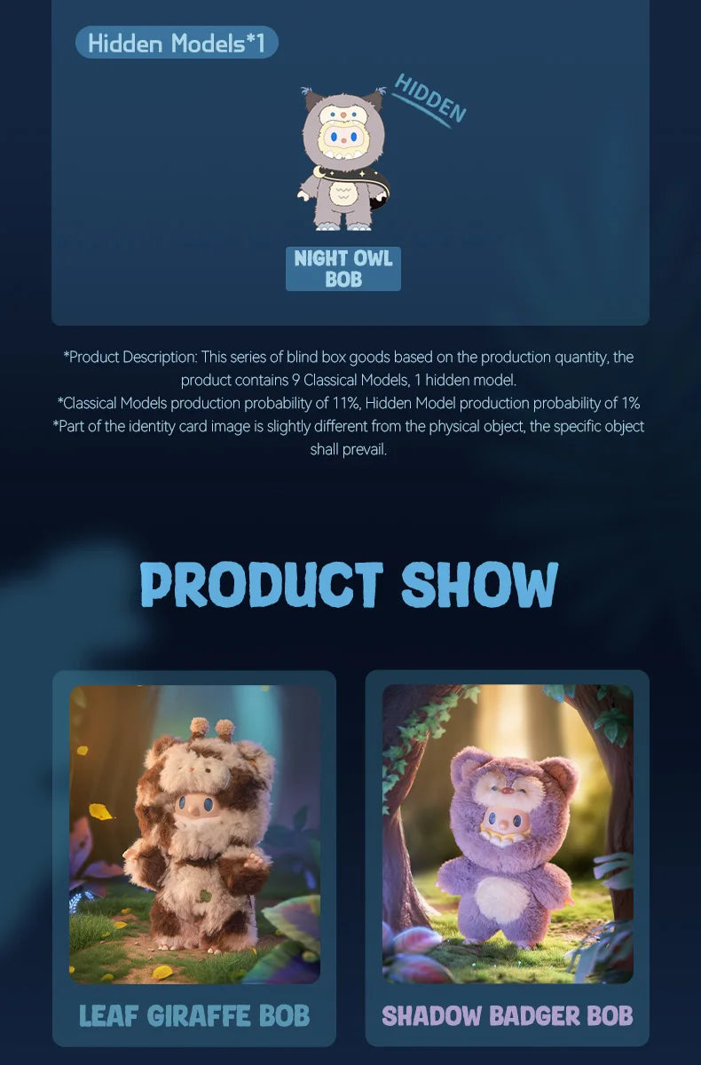 Product display with two plush toys, Leaf Giraffe Bob and Shadow Badger Bob, on a dark blue background.