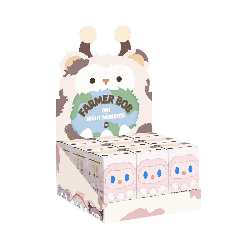 Full set of blind boxes display box with a cartoon character named 'Farmer Bob Ani-Night Monster' on a white background