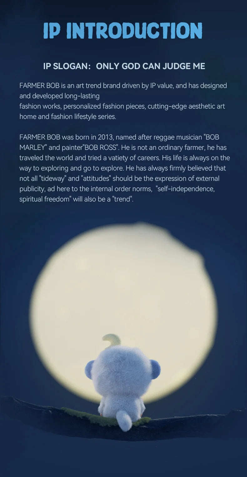 Text about a brand named 'Farmer Bob Ani-Night Monster' with a white fluffy character on a dark blue background.