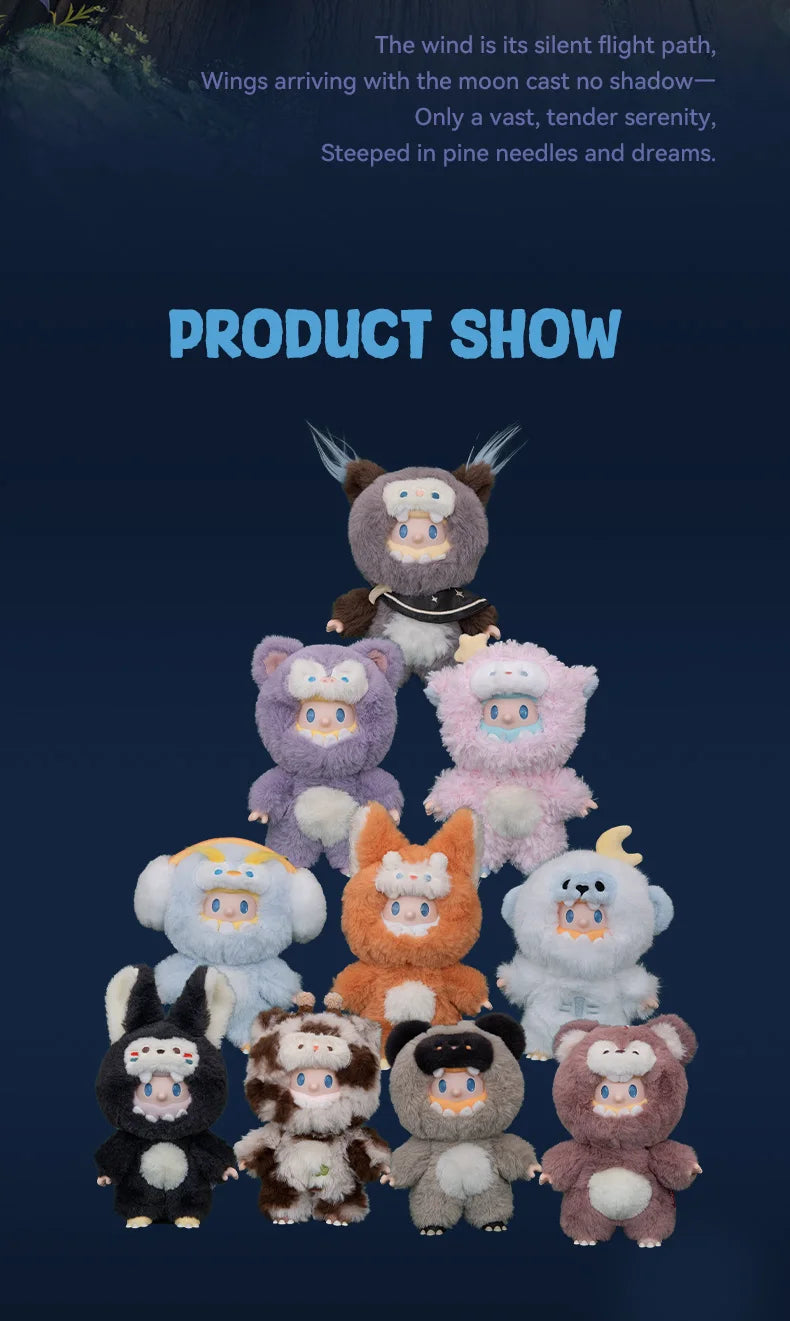 Collection of plush toys arranged in a pyramid formation on a dark blue background with text.