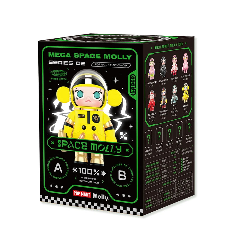Box packaging of a 'Mega Space Molly' toy figure with green and black design.