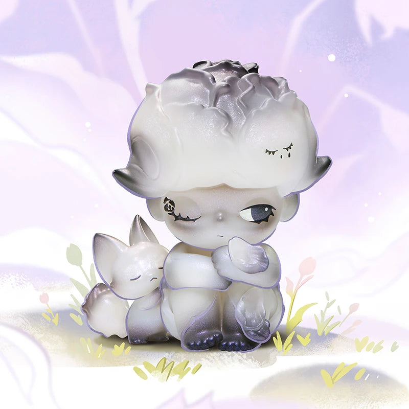 White figurine of a creature with a small animal on a light purple background