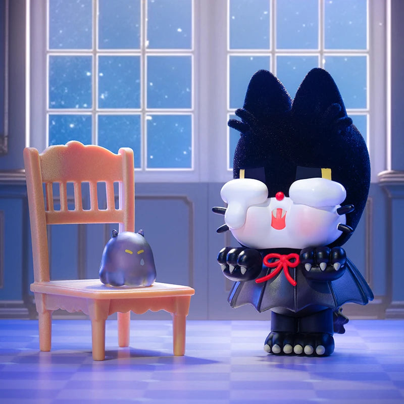 Two cartoon-like characters in a room with a window showing snow outside.