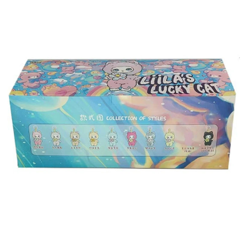 Colorful box with 'Lilla's Lucky Cat' branding and cartoon cat illustrations on a white background.