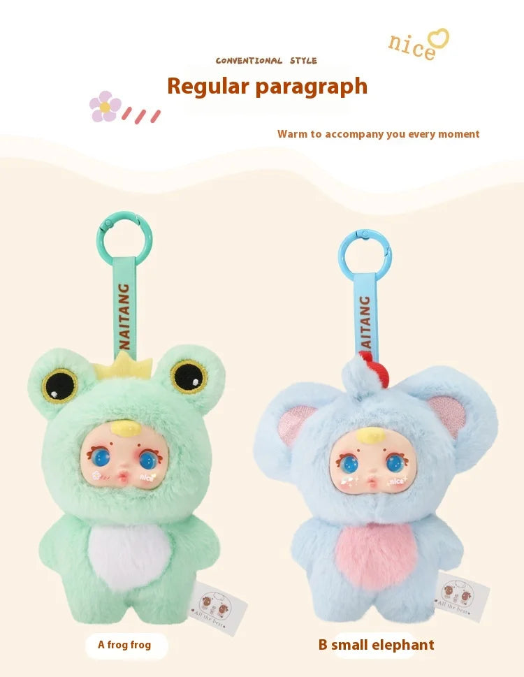 Two plush toys, one frog and one small elephant, with NAITANG branding on a beige background.