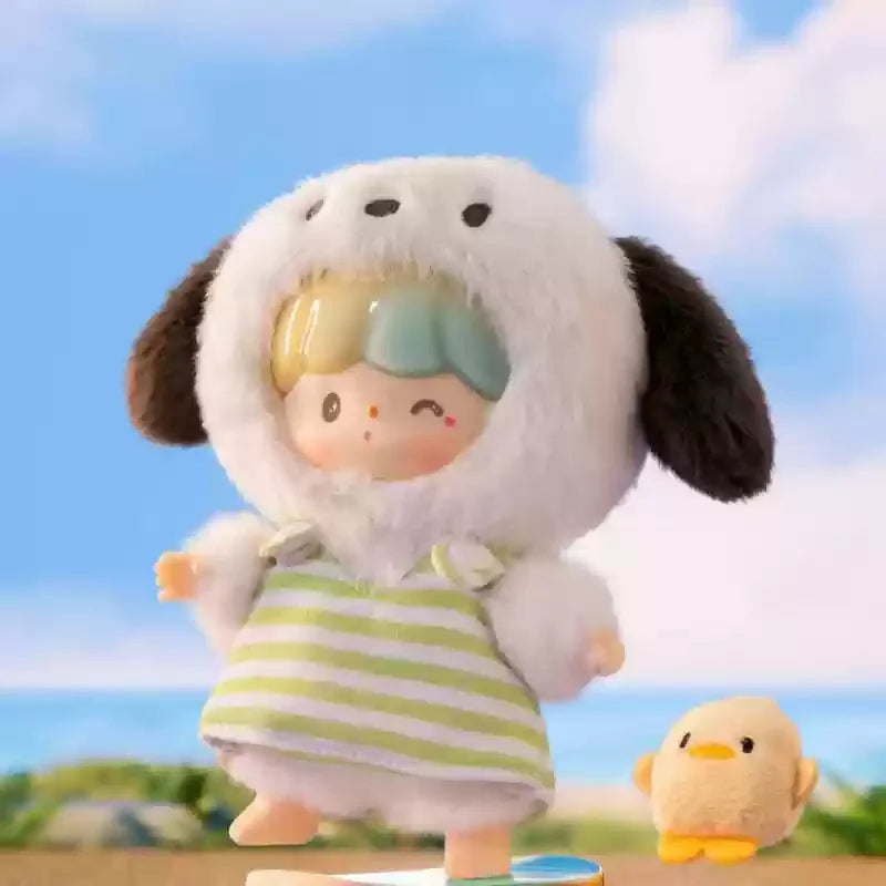Toy figure of a child in a dog costume with a scenic background