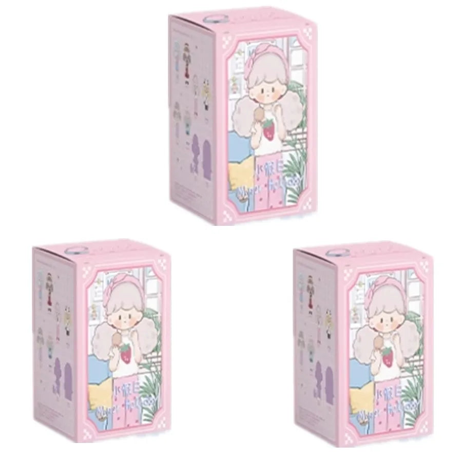 Three pink boxes with a character design on a white background