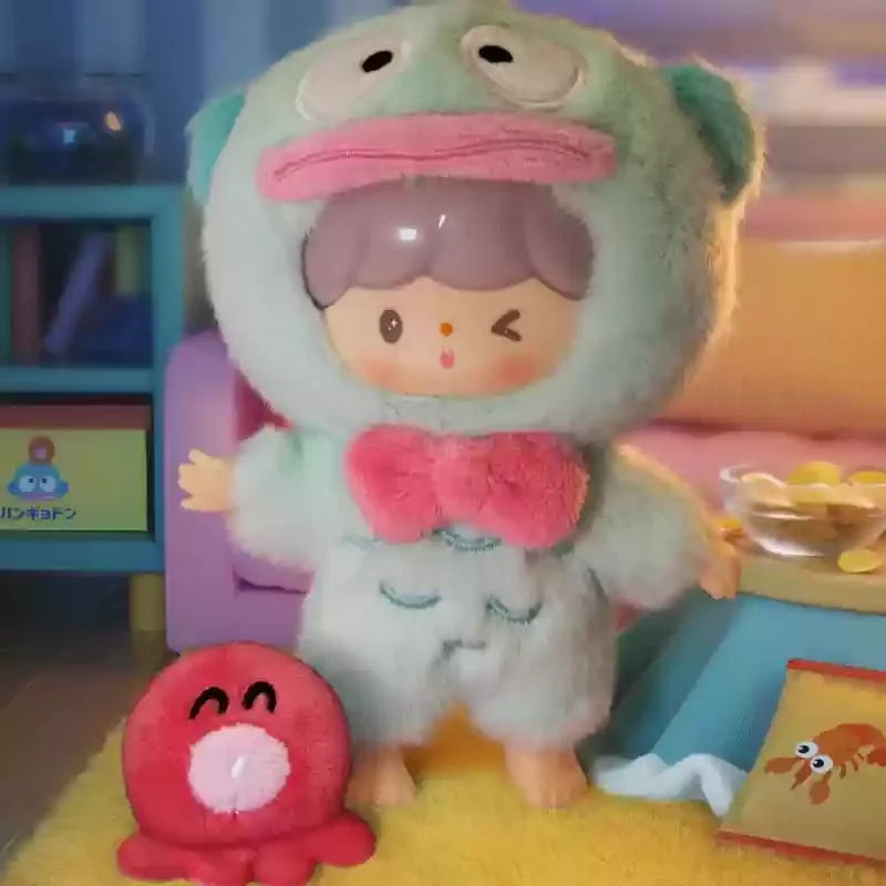 Plush toy character in a colorful room with a pink plush toy.
