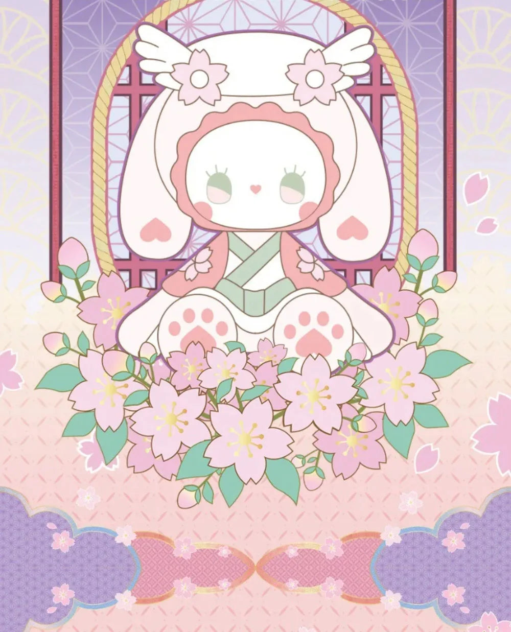 Cute character with angel wings and floral decorations on a pink background