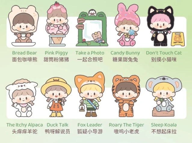 Set of cartoon characters with various poses and accessories on a green background