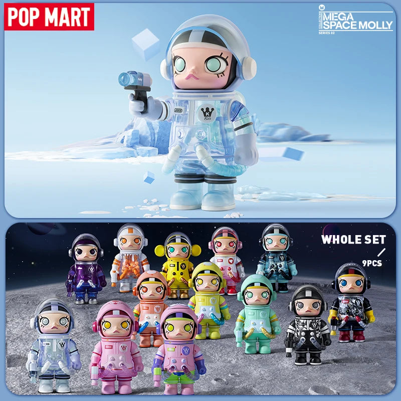 Collection of space-themed figurines with a blue and white background, featuring the Pop Mart brand.