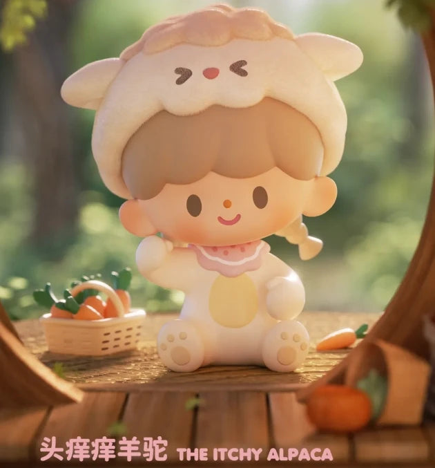 Cute plush toy resembling an alpaca with a blurred natural background