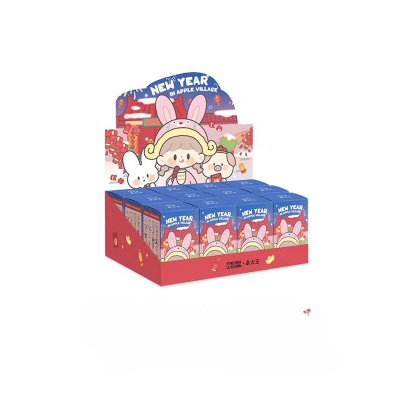 Display of 'New Year' themed product packaging with cartoon characters on a white background.