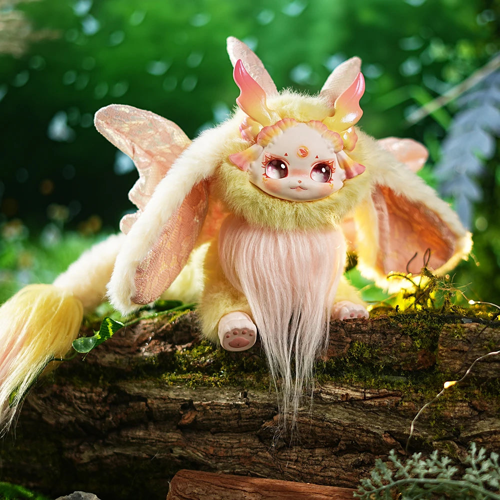 Fantasy creature with large ears and long hair sitting on a log in a forest setting