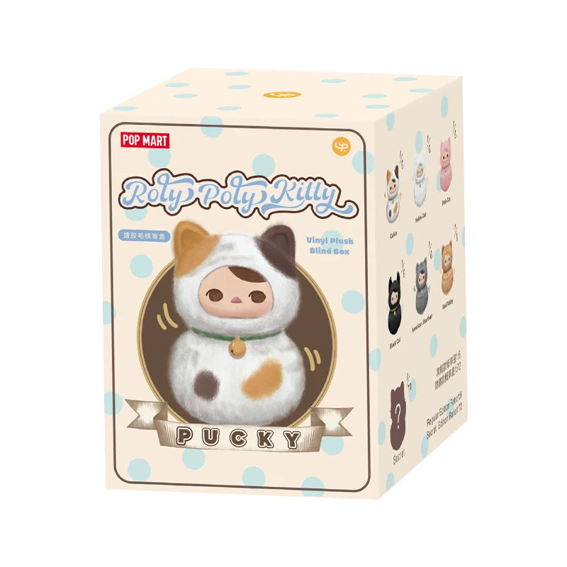 Box packaging of a Polypoty Kitty vinyl plush toy with cartoon cat illustrations on a beige background.