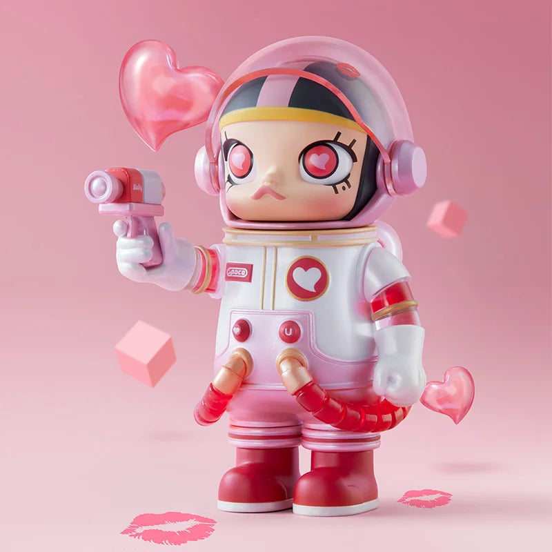 Toy figure of an astronaut with a heart-themed design on a pink background