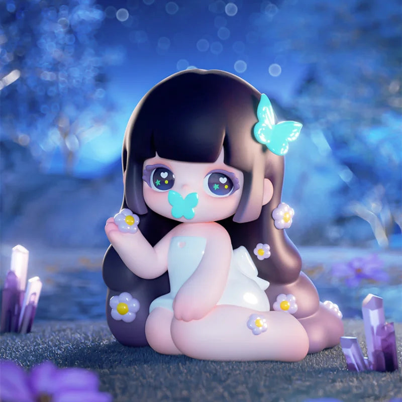 Animated character with butterfly wings and flower decorations in a mystical setting