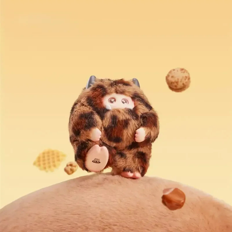 Plush toy resembling a cartoon character with a brown and black pattern on a yellow background.