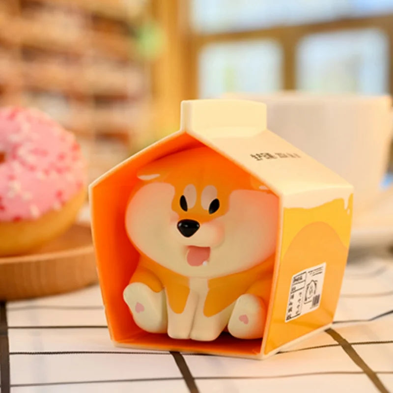 Cartoon dog character on a product packaging with a blurred background