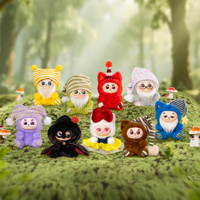 Colorful toy figures resembling gnomes or dwarves on a grassy area with a forest background.