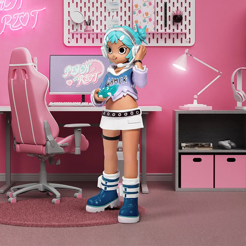 Gaming setup with a character figurine in a room with pink walls and gaming furniture.