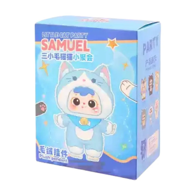 Box of a plush toy named Samuel with a cartoon cat design on a blue background