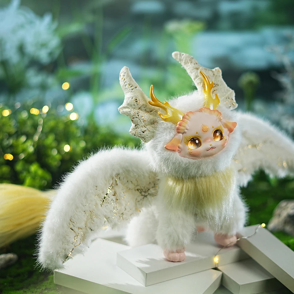 Fantasy creature with white fur, yellow accents, and antlers standing on a platform with a blurred natural background.