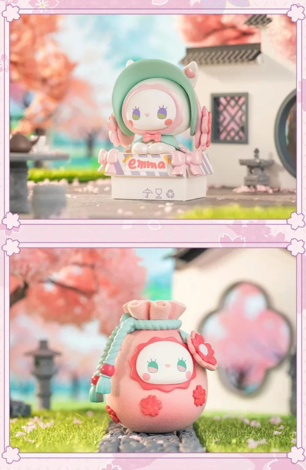 Cute character figurine with cherry blossom background