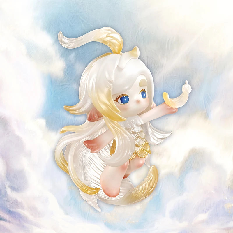 Illustration of a angelic character with long blonde hair and blue eyes against a soft, light background.