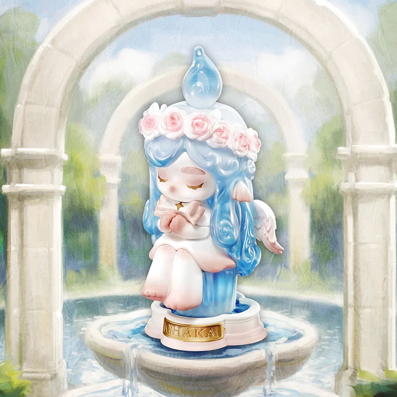 Decorative figurine with blue hair and floral crown in a garden setting