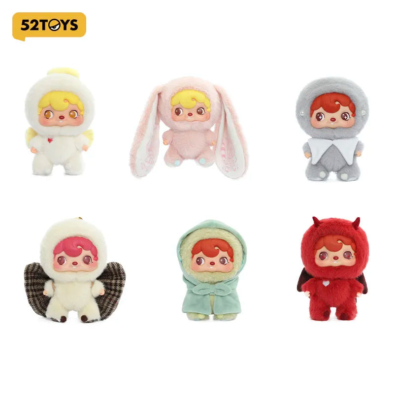 Set of six small plush toys in different costumes on a white background, with '52TOYS' branding.