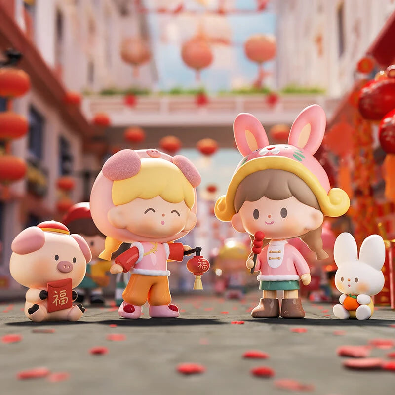 Cartoon characters in festive attire with red lanterns and decorations in the background