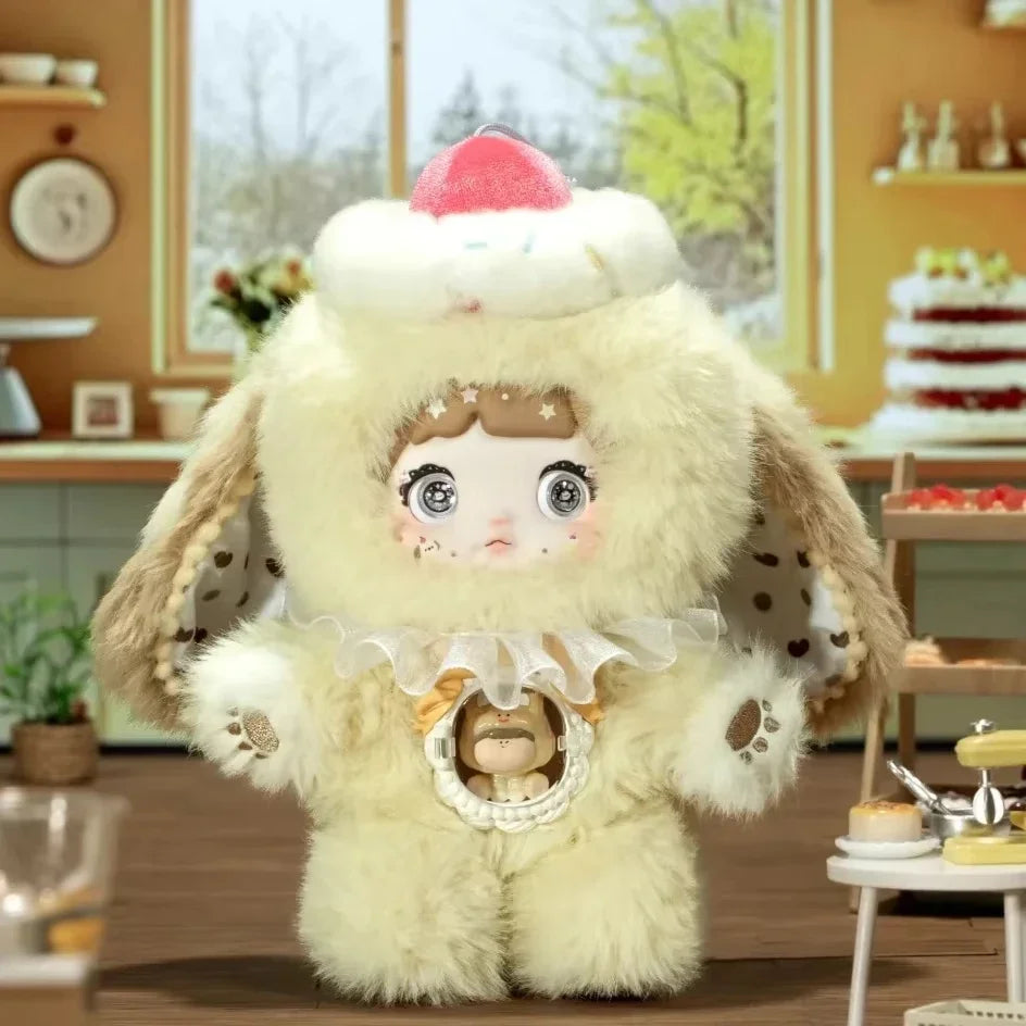 Plush toy with a design resembling a character from a cartoon or anime, set in a cozy room with decor.