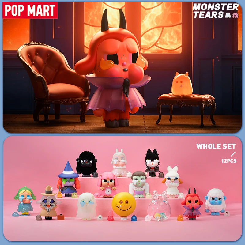 Collection of small figurines with a pink background, featuring the brand 'Pop Mart'.