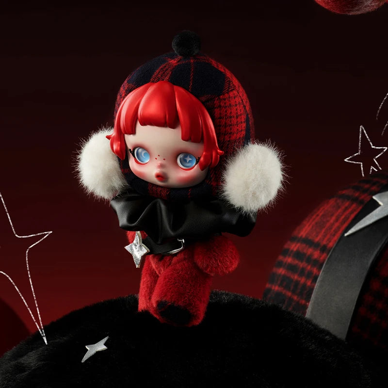 Toy figure with red hair and plaid hat on a dark background