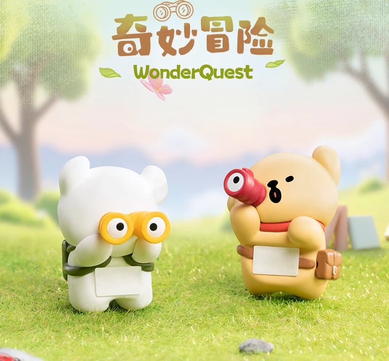 Two cartoon characters with 'WonderQuest' branding in a scenic outdoor setting.