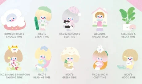 Set of cartoon character illustrations with various activities on a light pink background