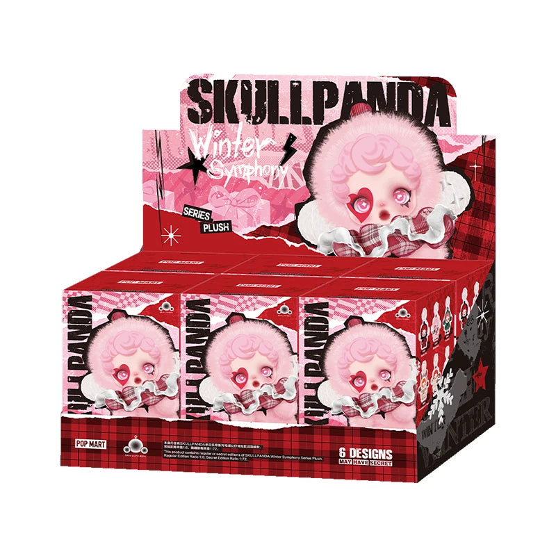 Box of SkulloPanda plush toys with pink and red design