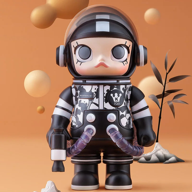 Toy figure of an astronaut in a space suit with a plant and planets on an orange background