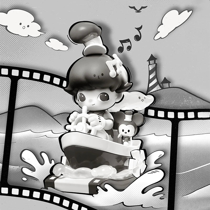 Cartoon character on a boat with filmstrip borders and musical notes.