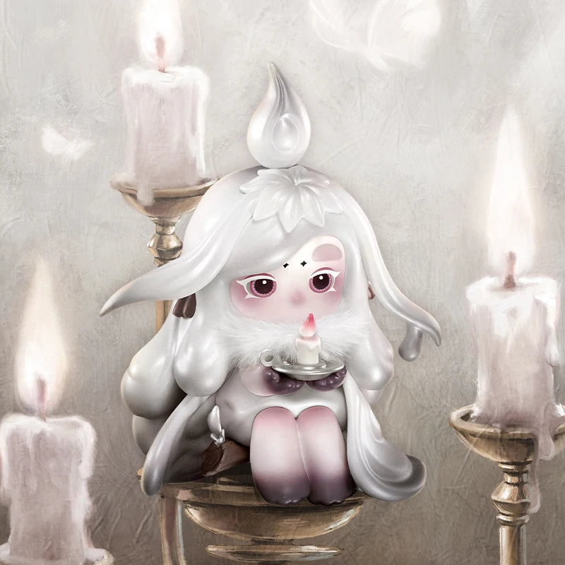 Illustration of a cute character with white hair and a candle, surrounded by candles on a neutral background