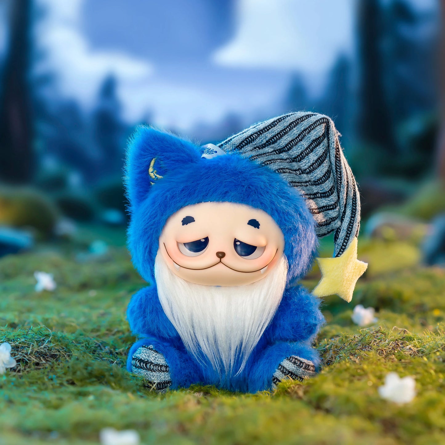 Blue gnome figurine with a star hat sitting on grass