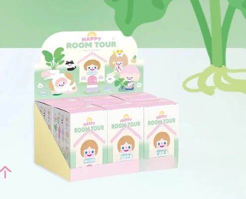 Packaging of 'Happy Room Tour' products with cartoon characters on a light green background.