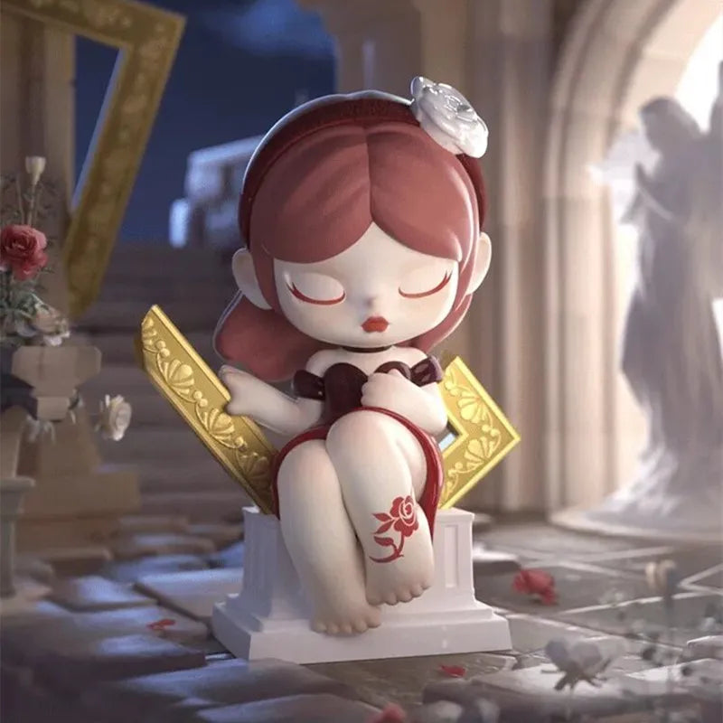 Animated character with red hair and a flower on a pedestal in an ornate setting
