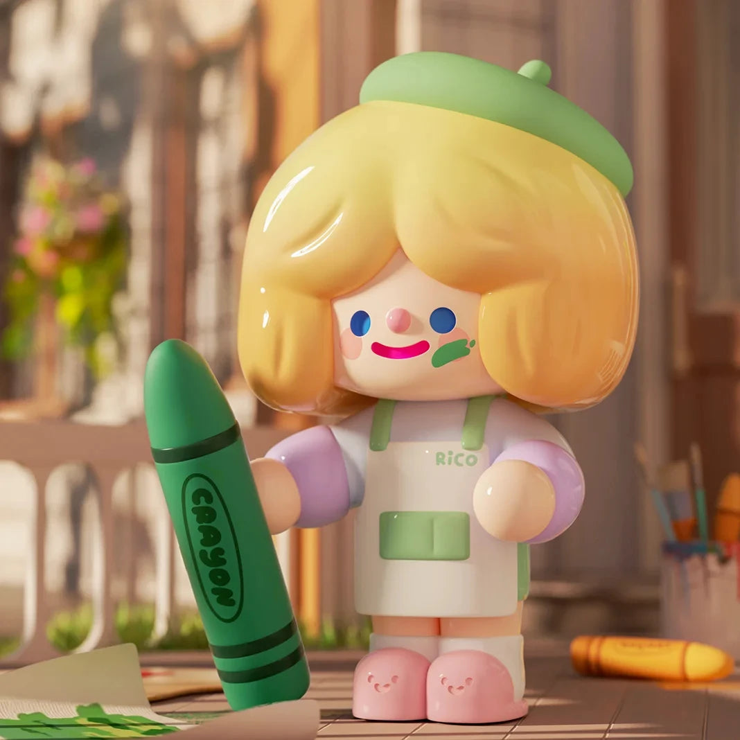 Toy figure with blonde hair and a green beret holding a green crayon in a colorful setting.