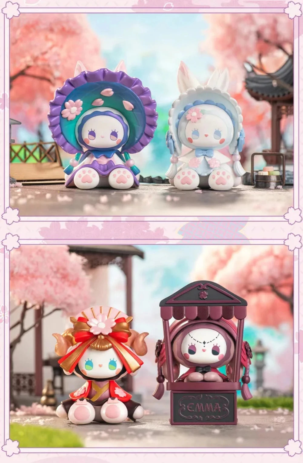 Three colorful character figurines with a cherry blossom background