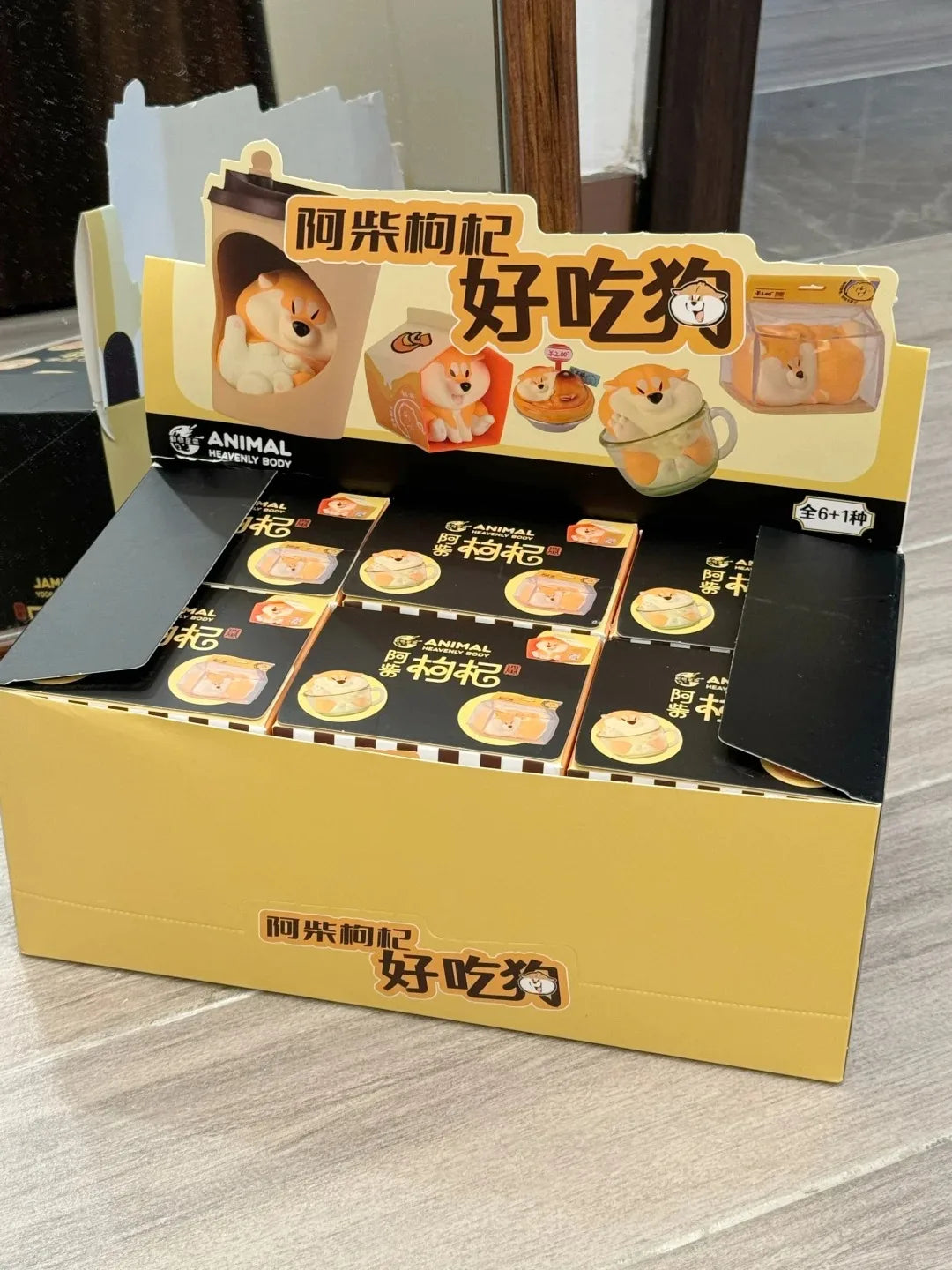 Open box containing 'Haoxiang' snack packages with cartoon dog design on a wooden floor.